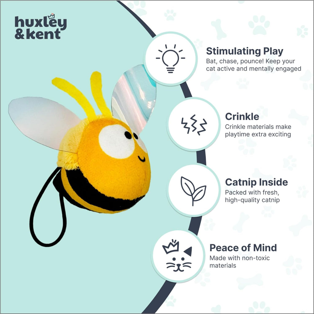 Huxley & Kent plush bee toy illustrating the internal crinkle texture for interactive feline play.