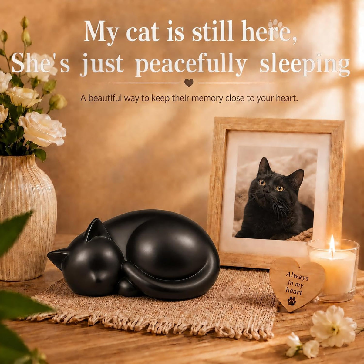 Sleeping Cat Pet Memorial Urn, Black Ceramic Keepsake for Cat Ashes - Image 2