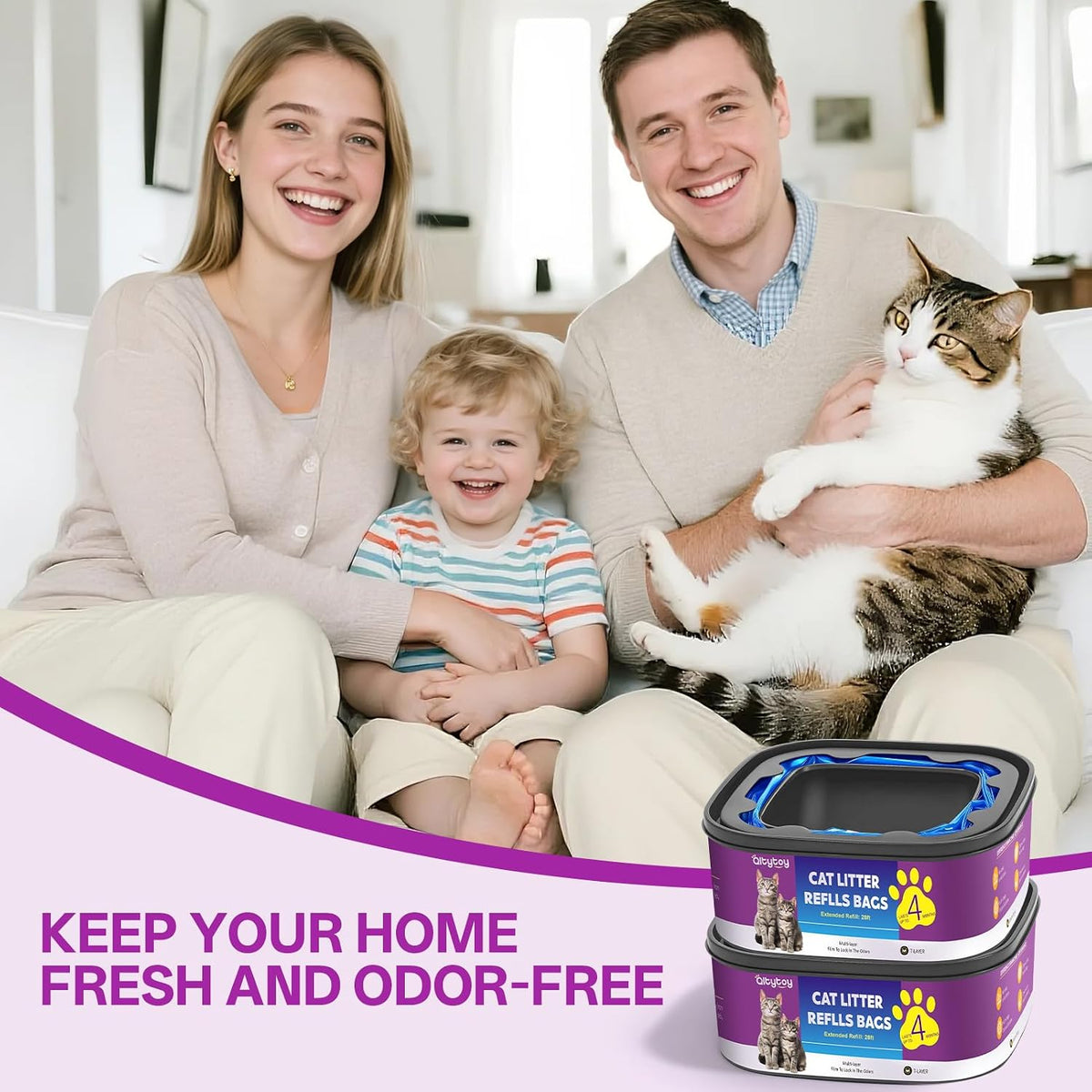 Qltytoy cat litter refill pack showing compatibility with standard and plus pails