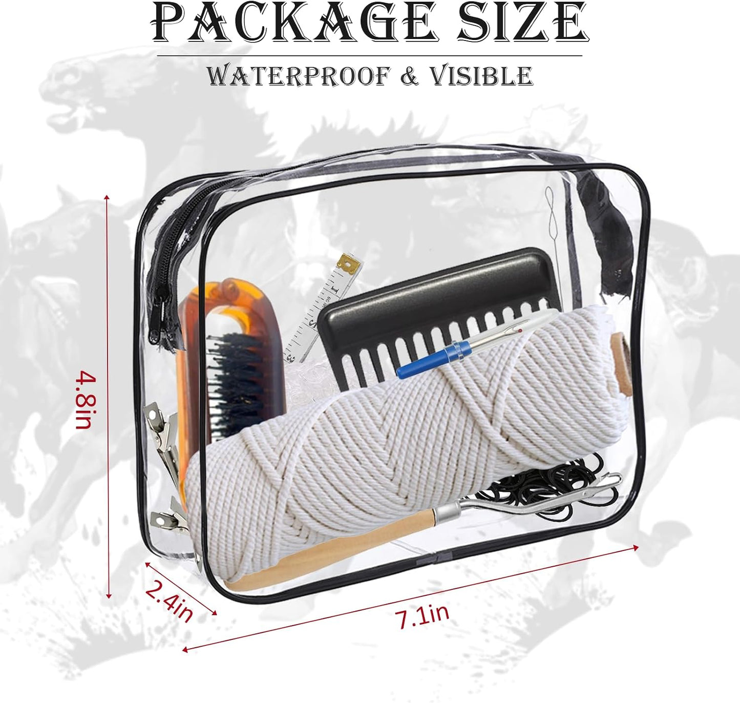 Horse show grooming essentials set inside transparent bag