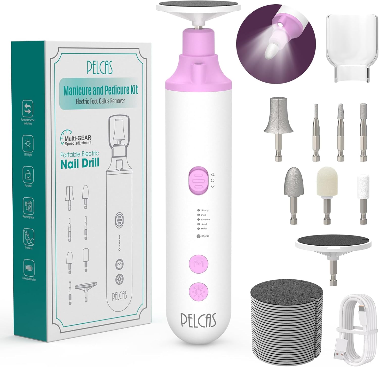 Pelcas 8 in 1 toenail grinder pink kit front view