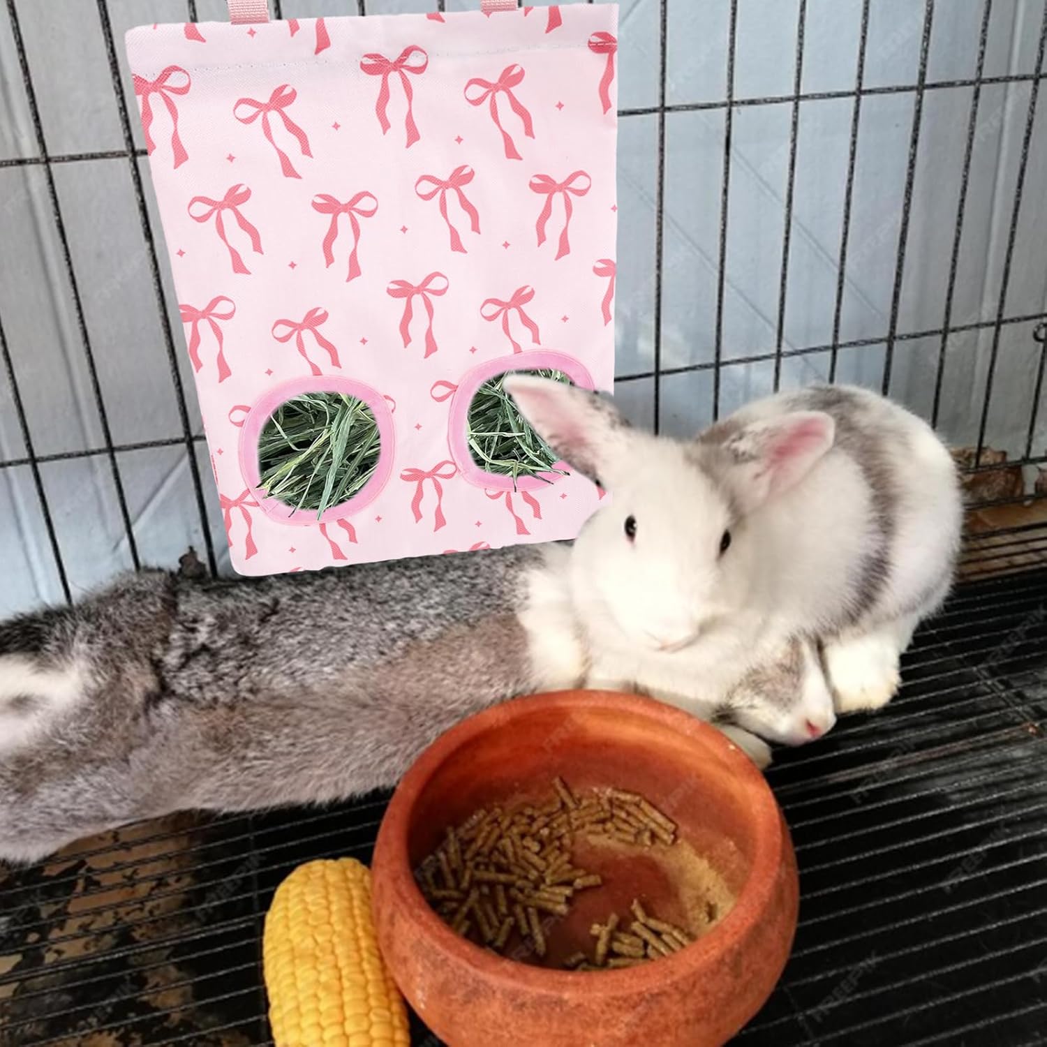 JarThenaAMCS 2Pcs Rabbit Hay Feeder Bag with 2 Holes Pink Bow Guinea Pig Hanging Hay Feeding Bag Storage Dispenser for Chinchilla Hamster Bunny Small Animal Pet - Image 6