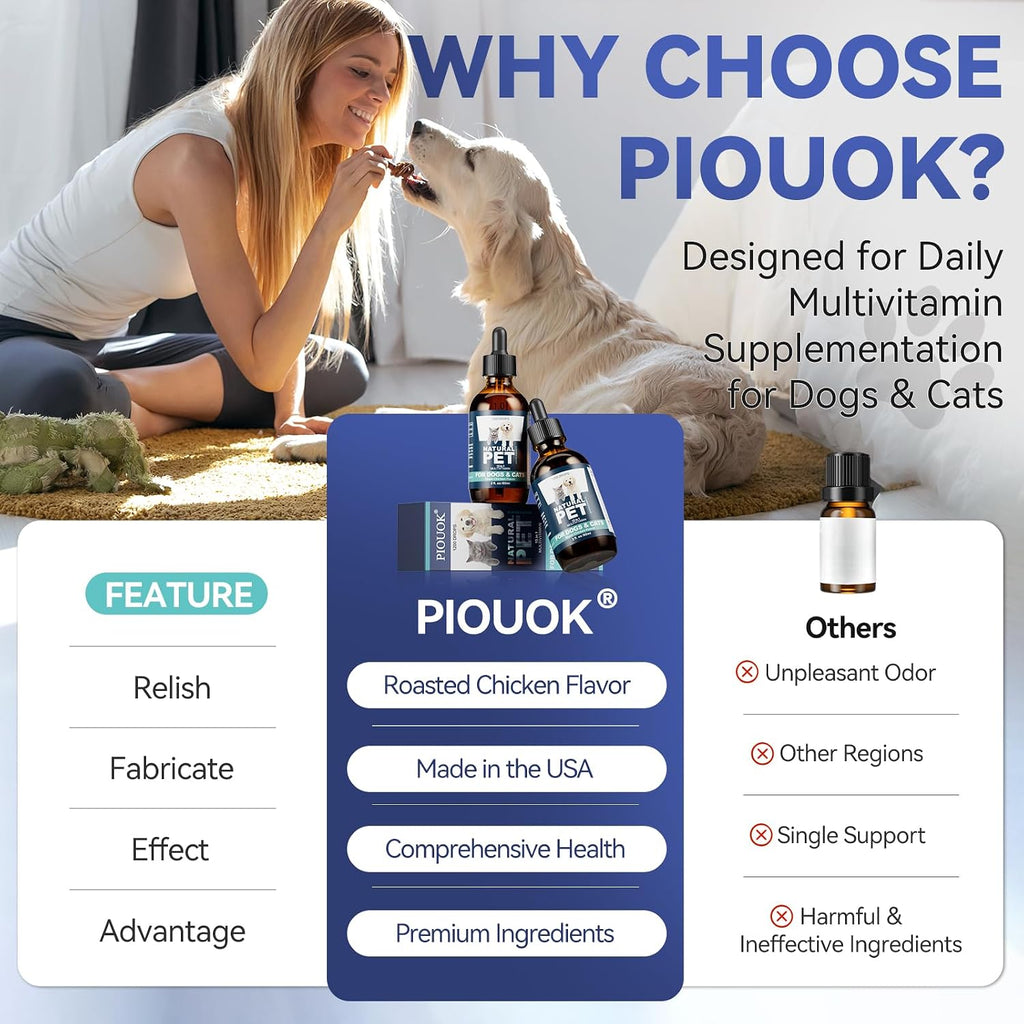 PIOUOK pet vitamins packaging illustrating immune system and urinary tract support benefits.