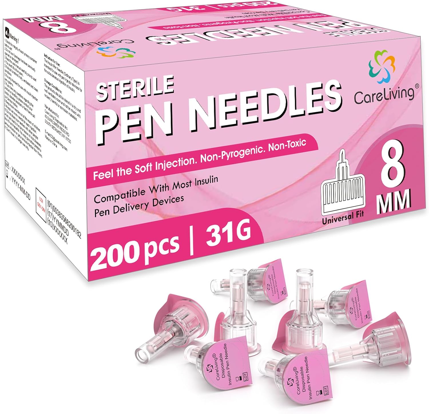 CareLiving Insulin Pen Needles 31G 8mm front view packaging for diabetic care.