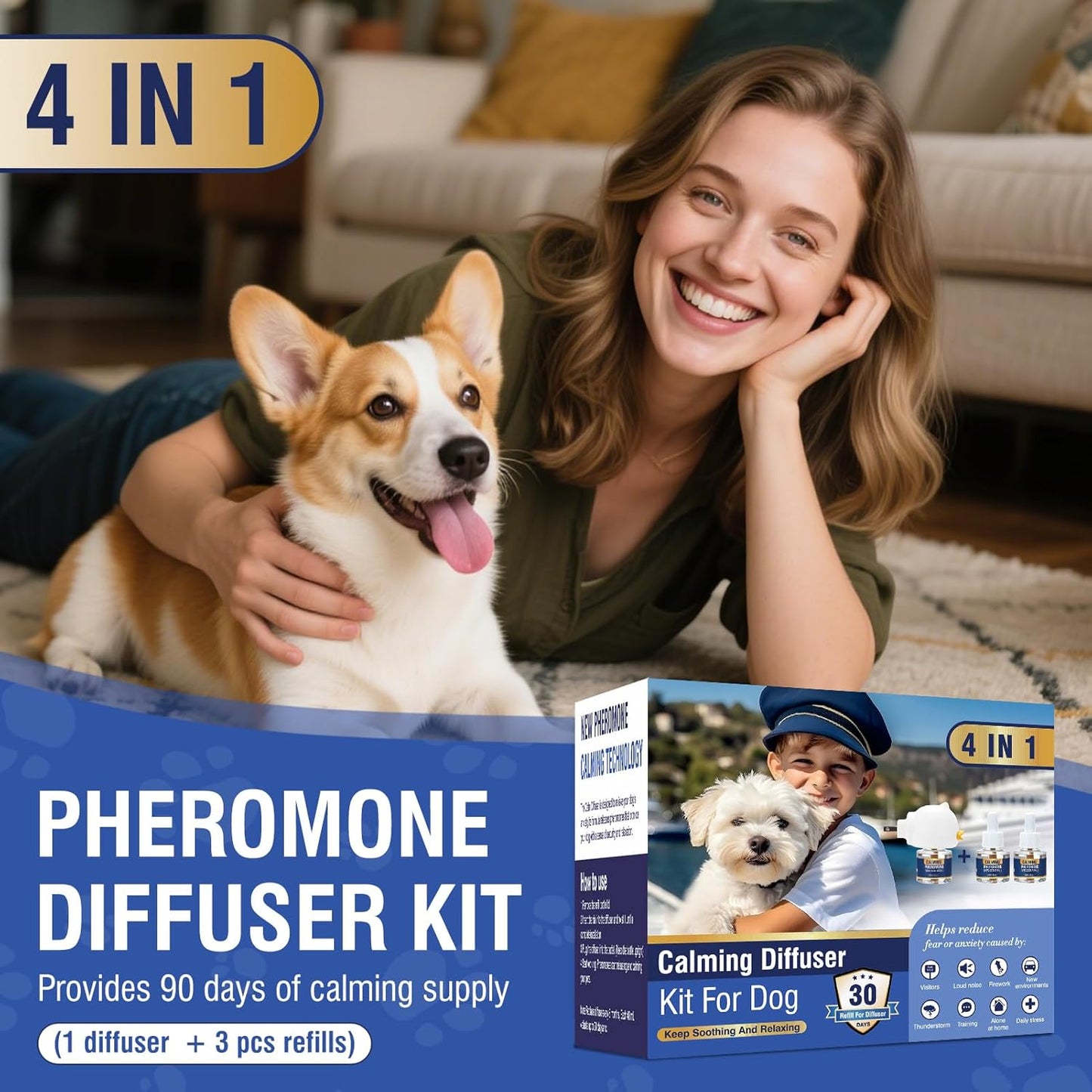 Full set of LKBHGF premium imported dog pheromone kit showing one plug-in device and three refills