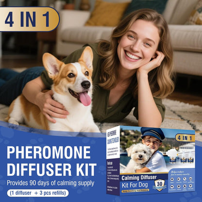 Full set of LKBHGF premium imported dog pheromone kit showing one plug-in device and three refills