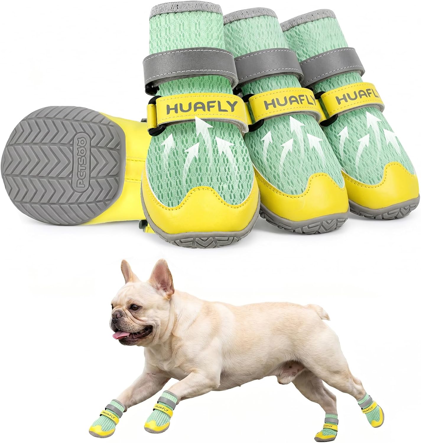 Packaging and contents of Huafly dog shoes for summer