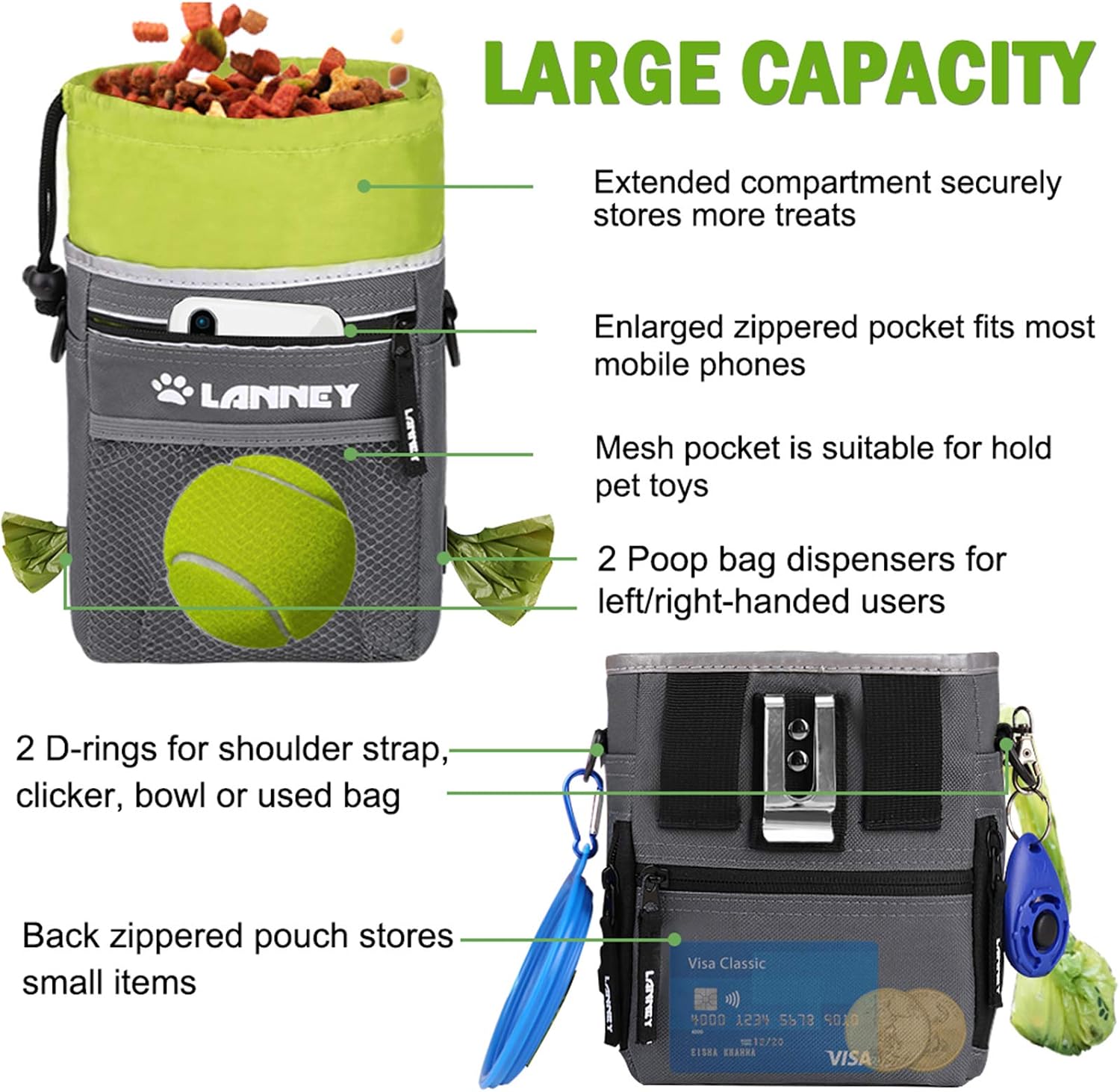 LANNEY hands-free pet reward bag with metal clip attached to a belt