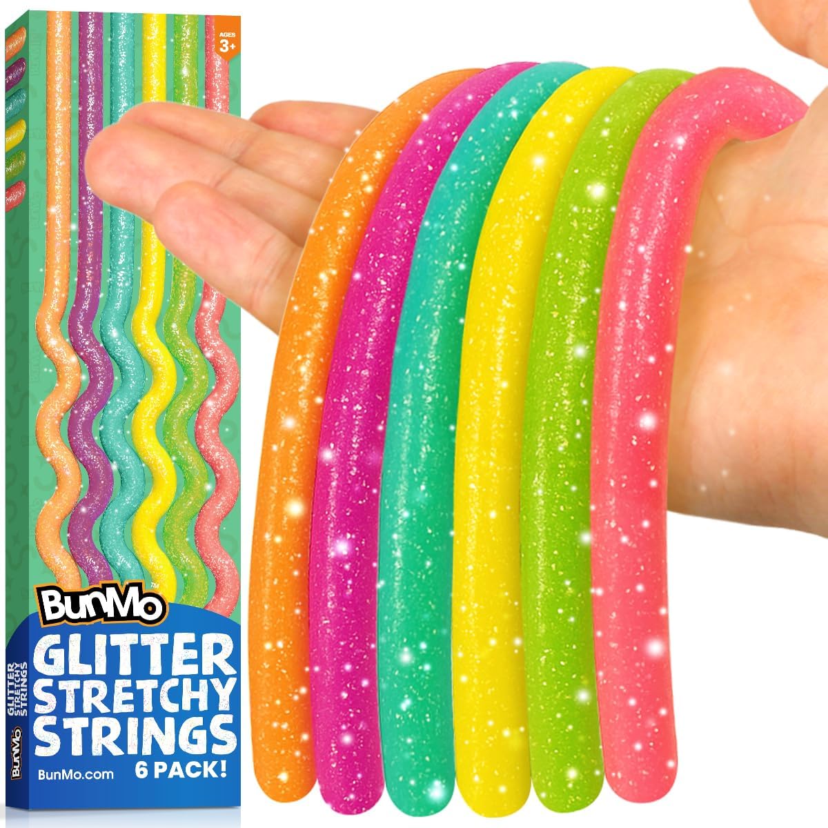 BUNMO Kids Sensory Stretchy Strings Glitter Six Pack front view showcasing vibrant colorful fidget toys.