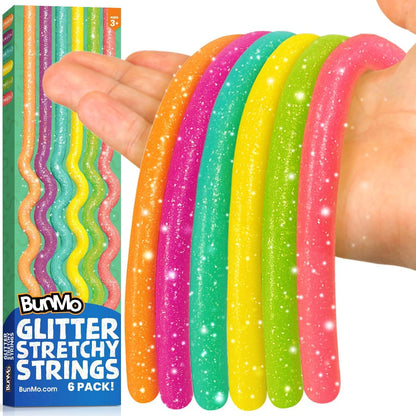 BUNMO Kids Sensory Stretchy Strings Glitter Six Pack front view showcasing vibrant colorful fidget toys.
