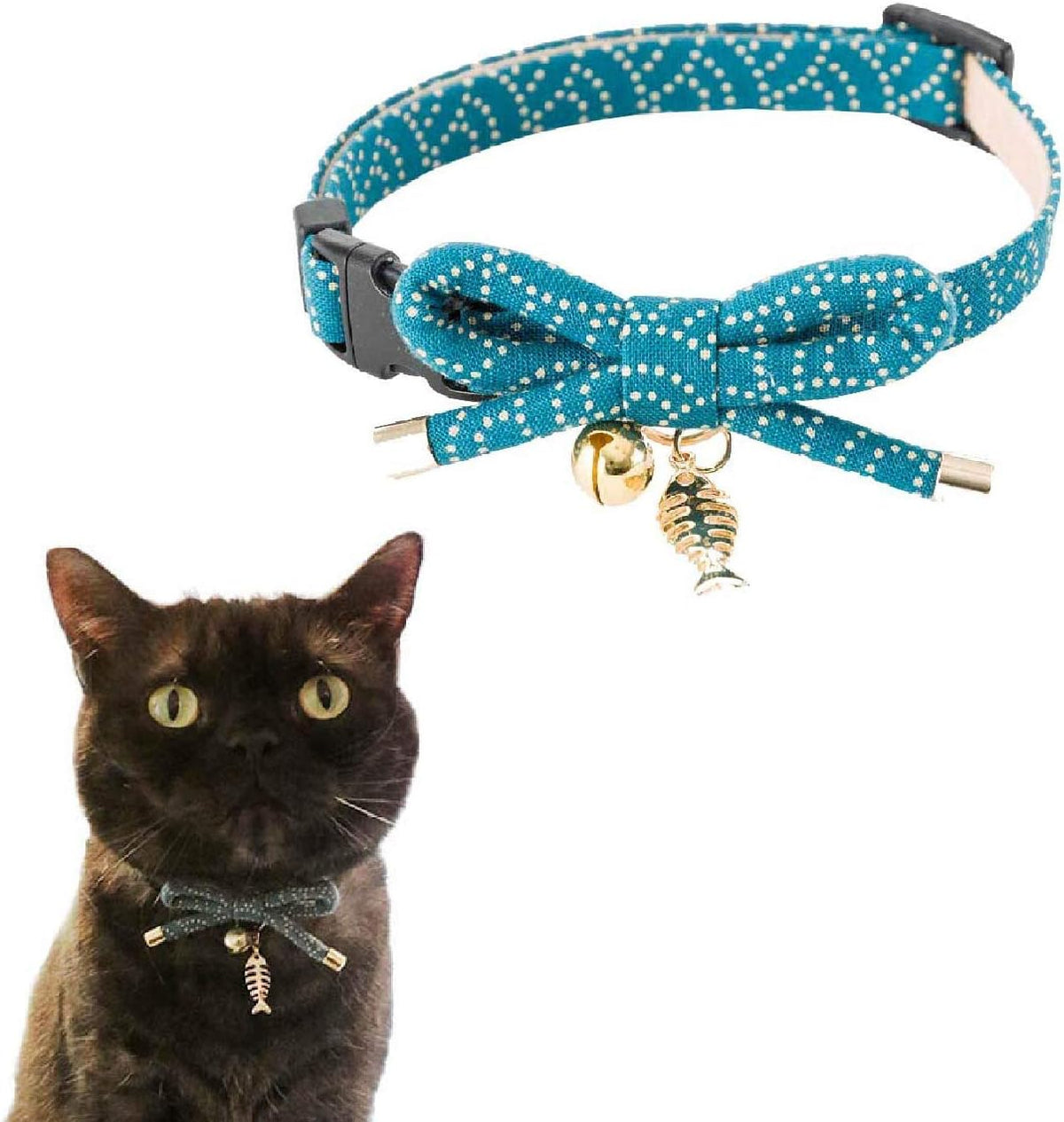 Necoichi Zen cat collar close up of the decorative bow and bell
