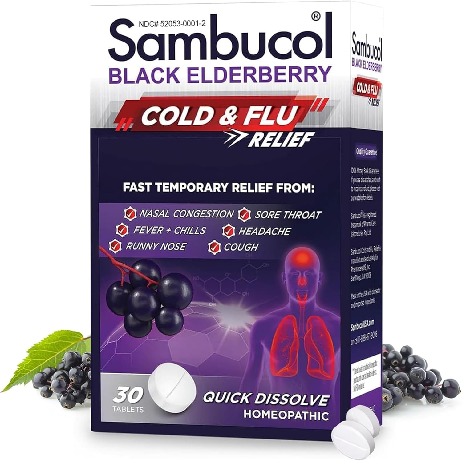 Sambucol Black Elderberry Cold and Flu Relief 30 tablets front box packaging for seasonal symptom relief.