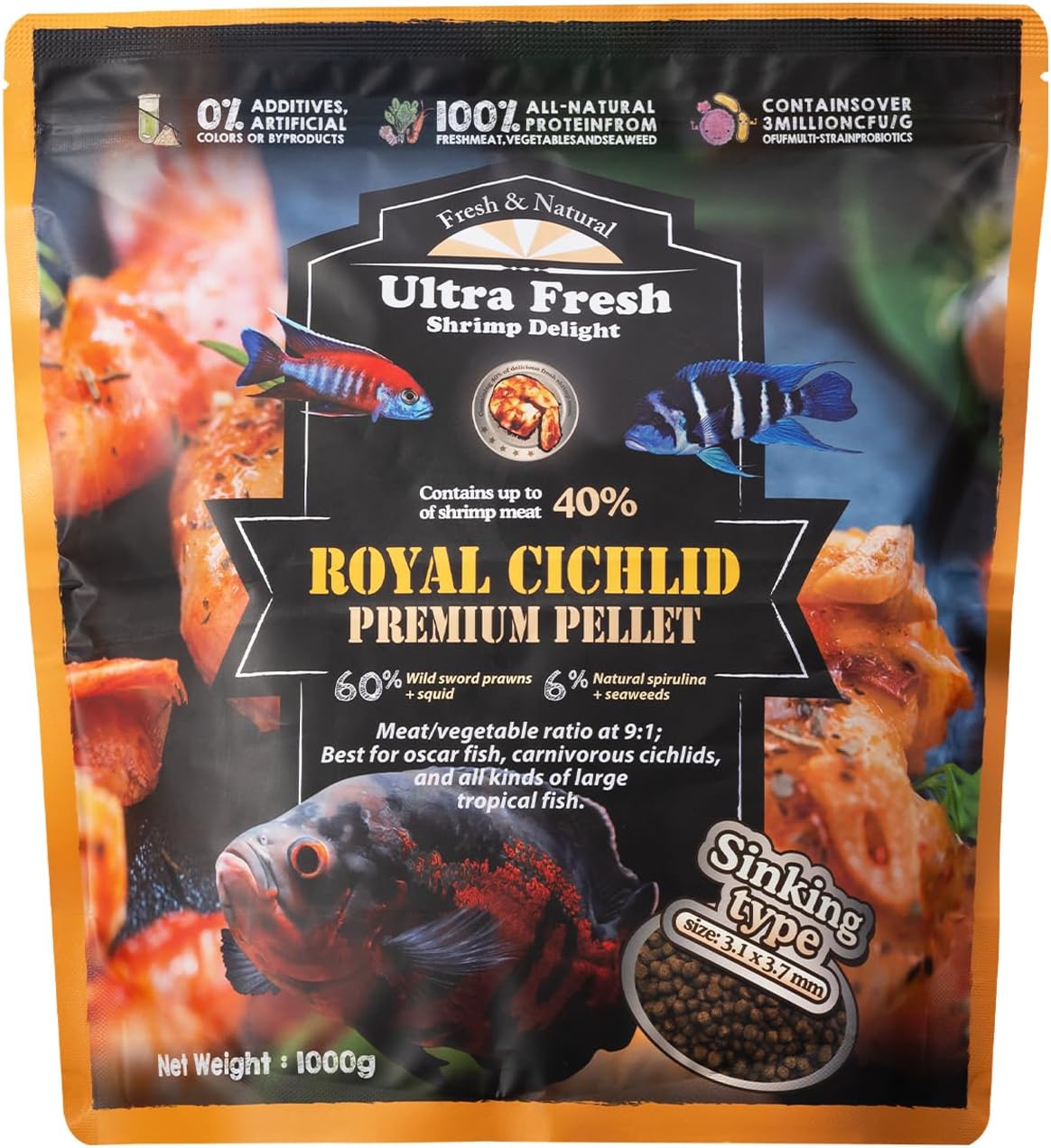 Ultra Fresh fish food jar displaying Taiwanese manufacture and natural seaweed ingredients.