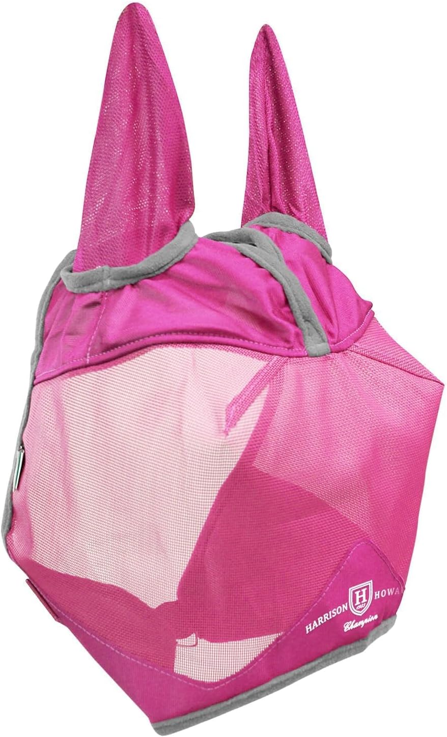 Detailed view of breathable mesh fabric on magenta horse mask