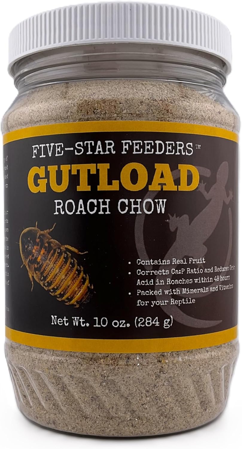Five-Star Feeders Roach Gutload Formula 10 Ounce plastic jar front view premium reptile feeder insect diet