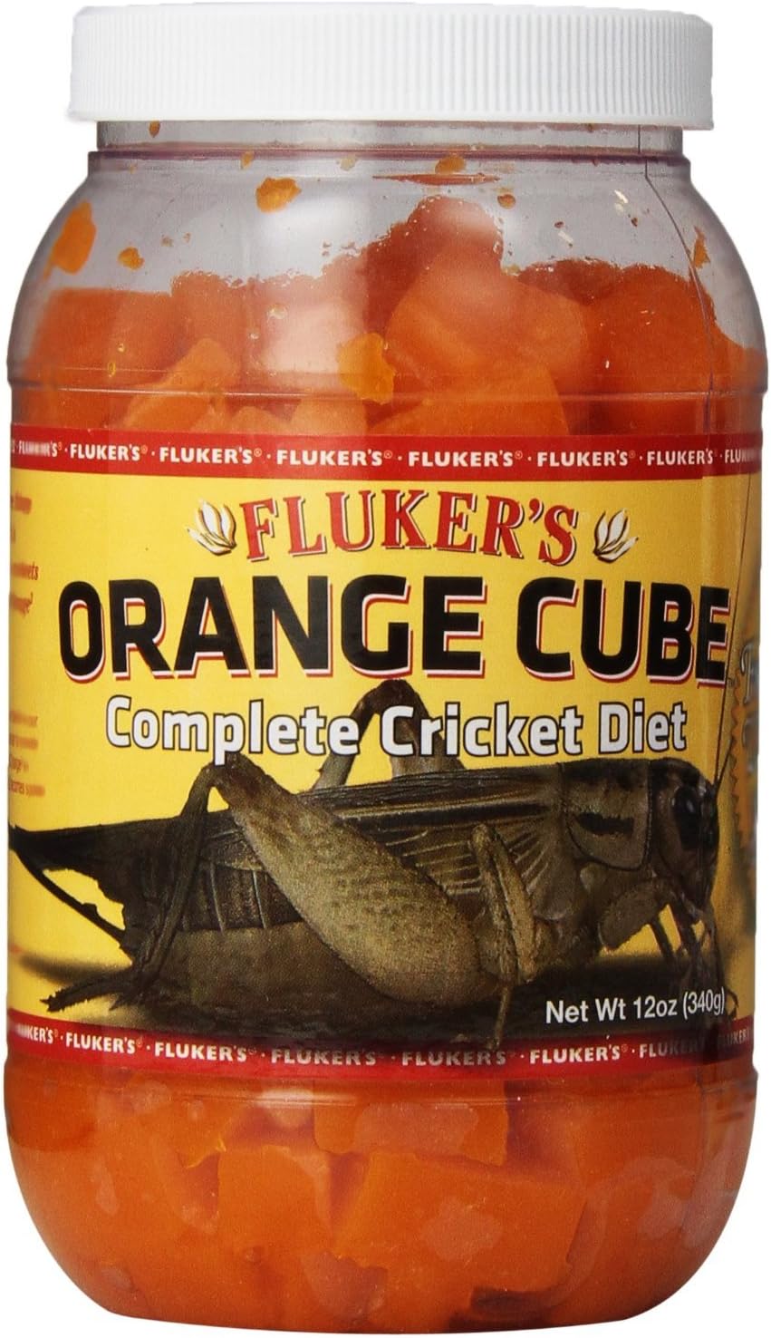 Fluker's Orange Cube Complete Cricket Diet 12 Ounce front view jar showing orange food cubes for reptiles