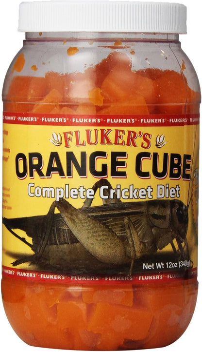 Fluker's Orange Cube Complete Cricket Diet 12 Ounce front view jar showing orange food cubes for reptiles