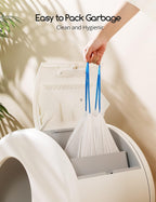 Close-up of the double drawstring design on the thickened plastic waste bag.