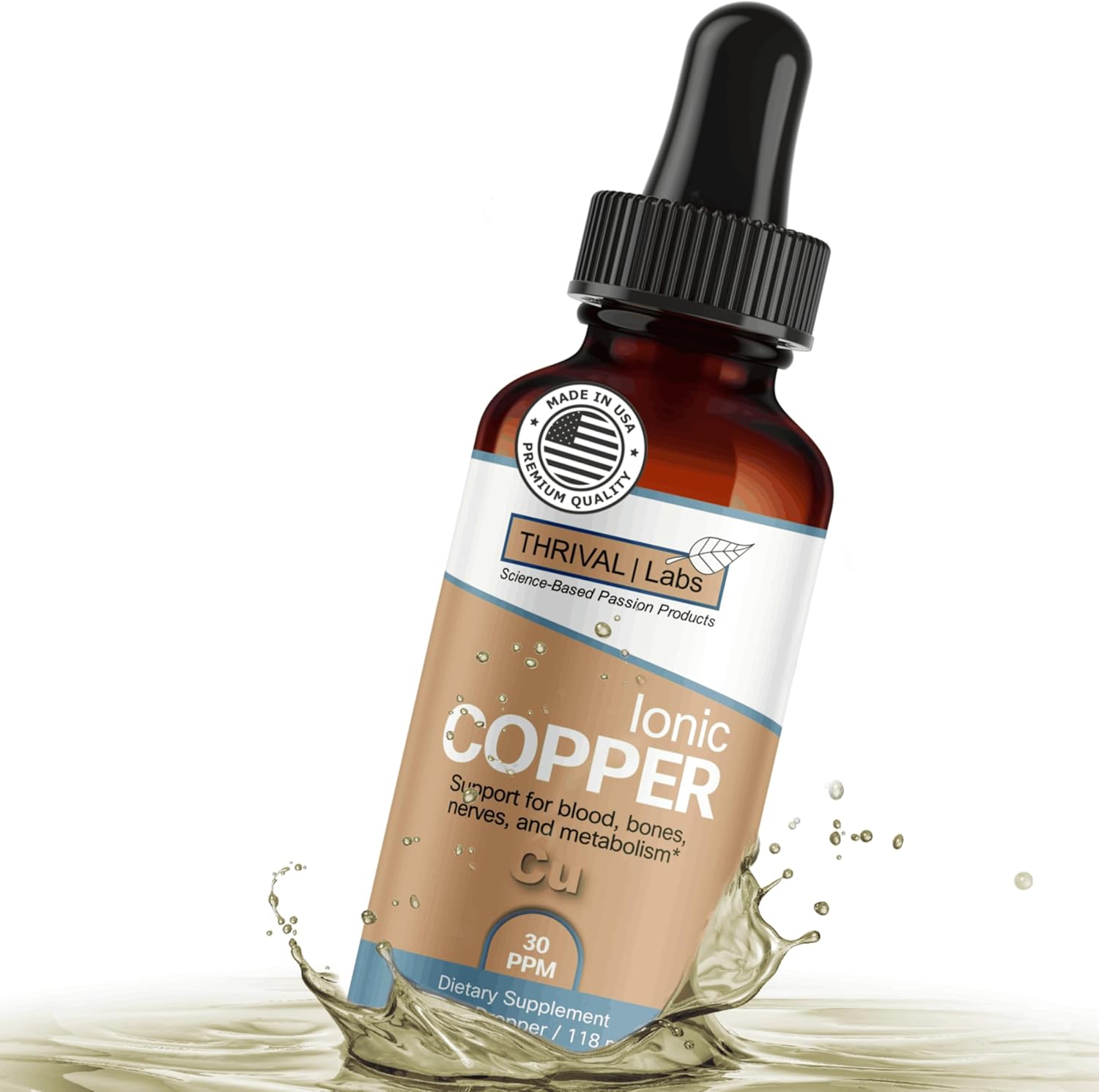 Thrival Labs Ionic Copper Drops front view of the four ounce liquid trace mineral supplement bottle.