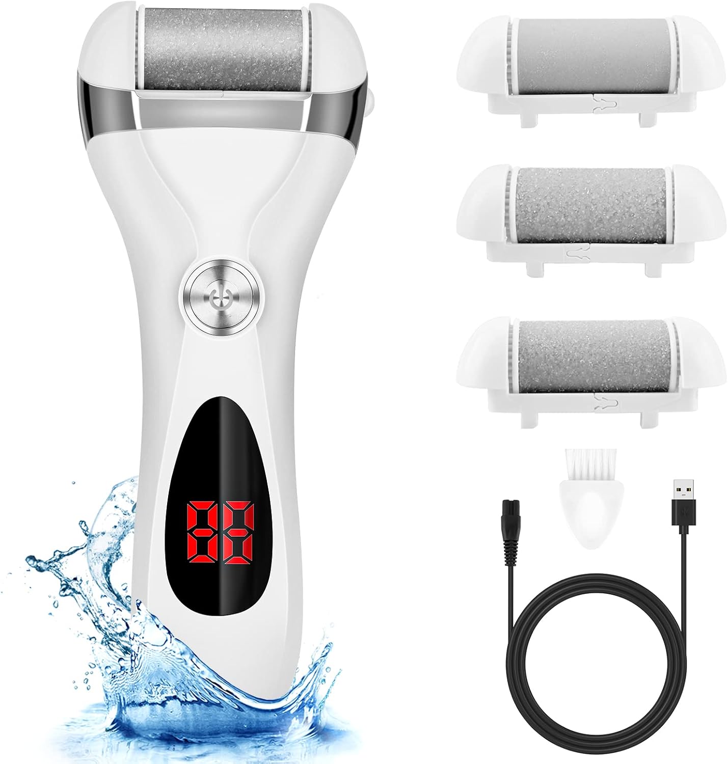 ELMCHEE Electric Foot Callus Remover Kit front view showing the sleek white rechargeable body and coarse grinding head attachment.