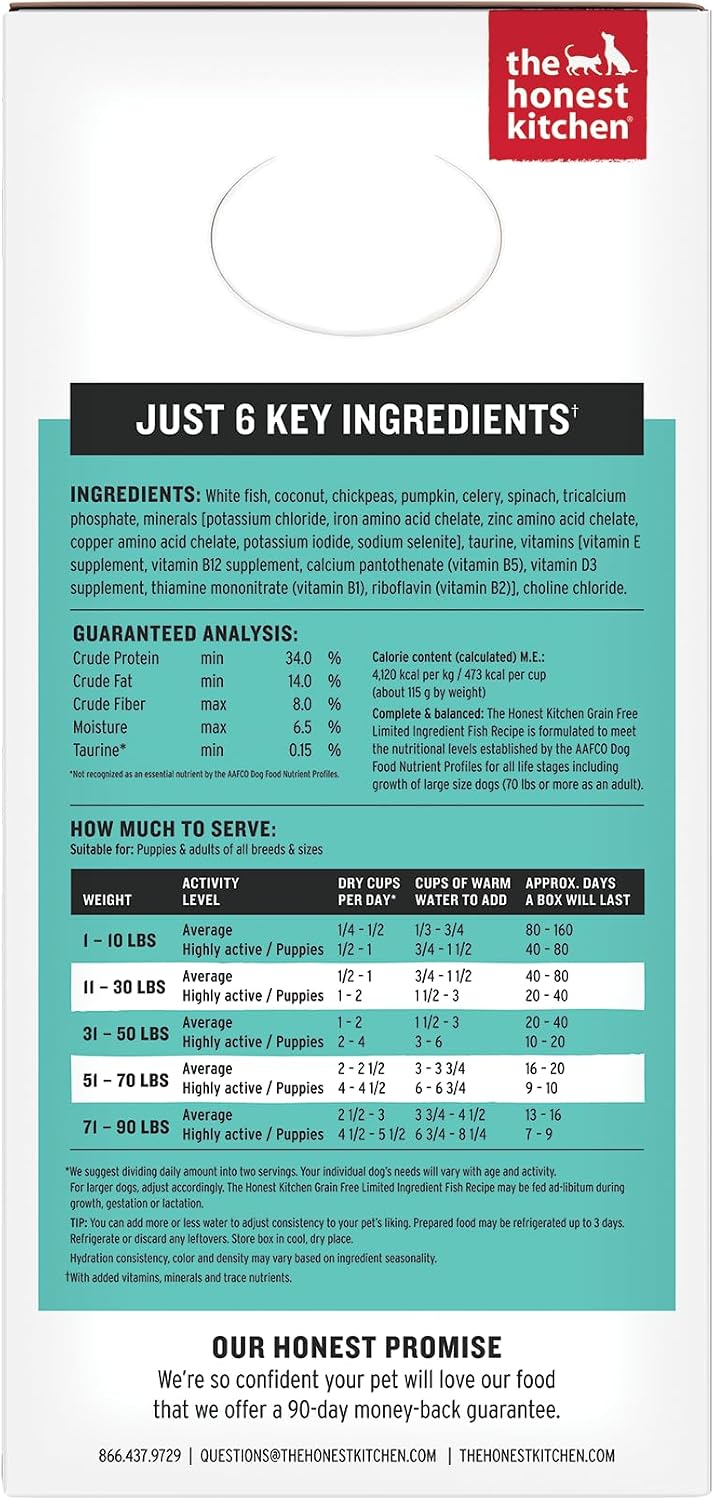 The Honest Kitchen grain free fish recipe packaging showing human grade quality