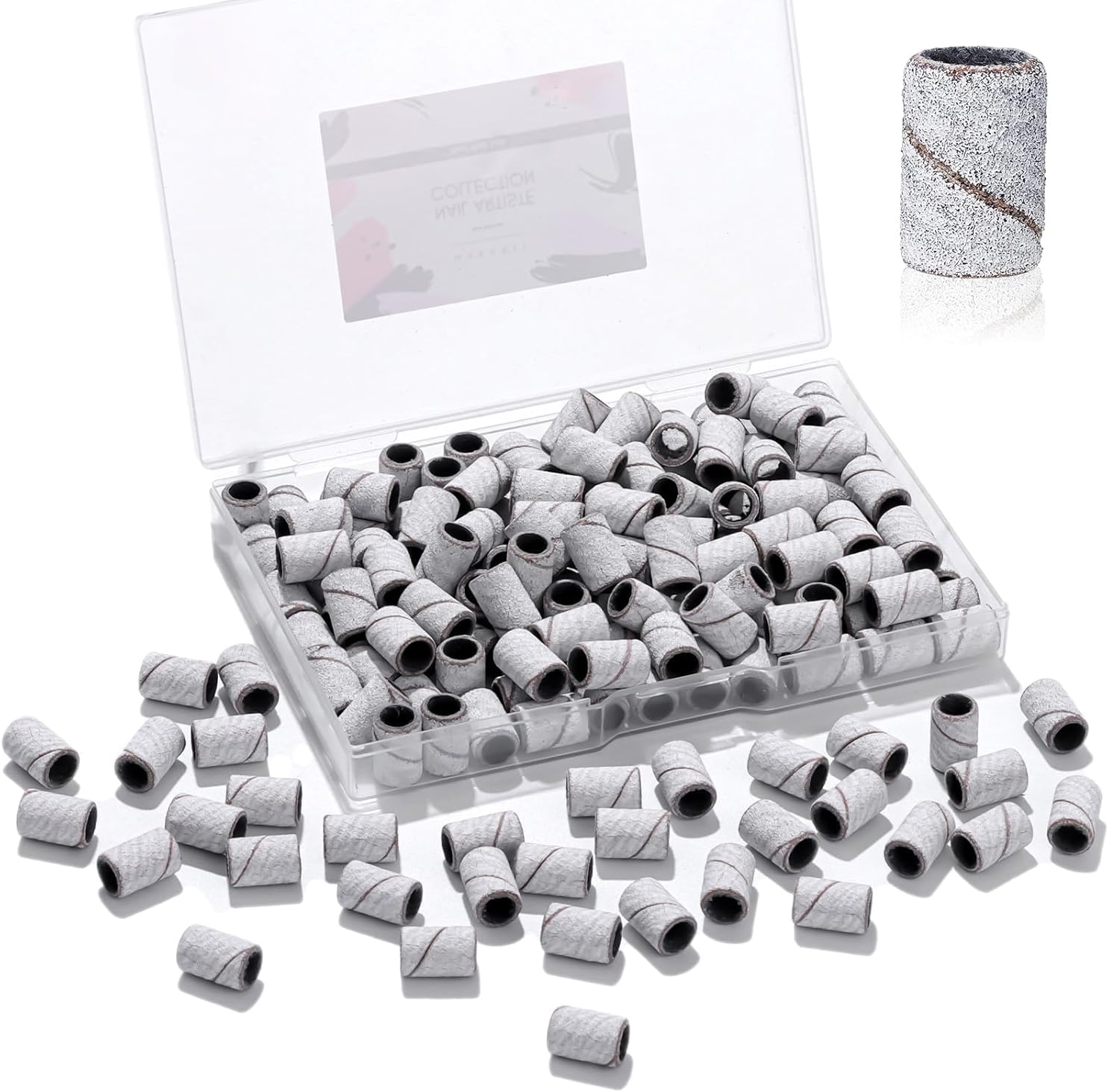 Makartt white 180 grit nail drill sanding bands 100 piece pack front view showcasing clear storage container box.