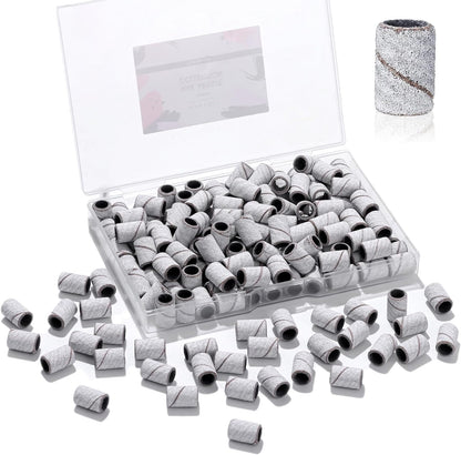 Makartt white 180 grit nail drill sanding bands 100 piece pack front view showcasing clear storage container box.