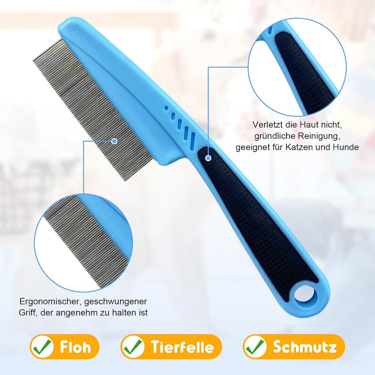 Pet owner using red Rowpoz grooming comb on dog