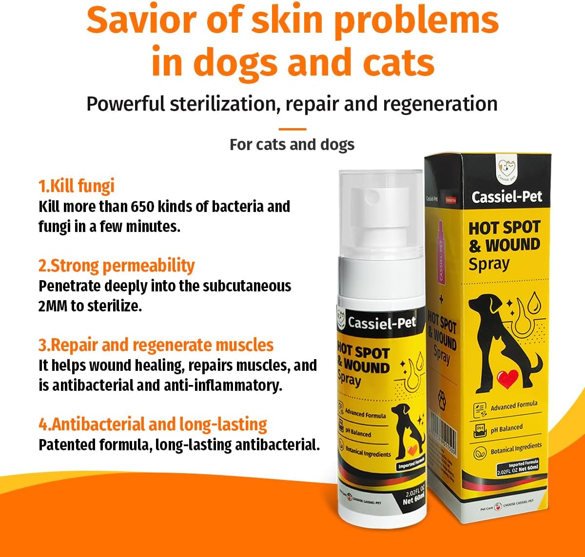 Cassiel Pet wound care spray showing bottle dimensions and fluid ounce size