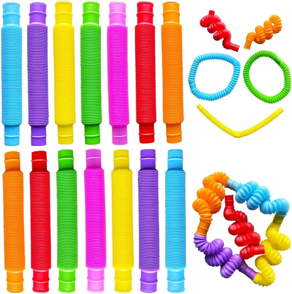 Neec pop tubes sensory fidget toys 14 pack front view showing multiple vibrant colors stretchable pipes