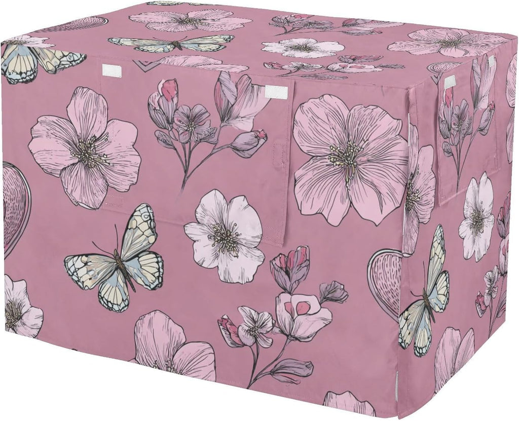 QwThum dog crate cover front view in primrose pink heart flowers pattern on wire cage