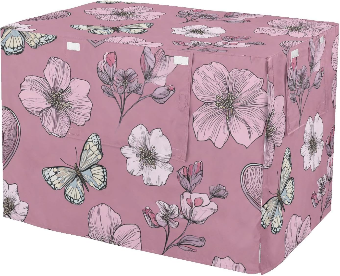 QwThum dog crate cover front view in primrose pink heart flowers pattern on wire cage