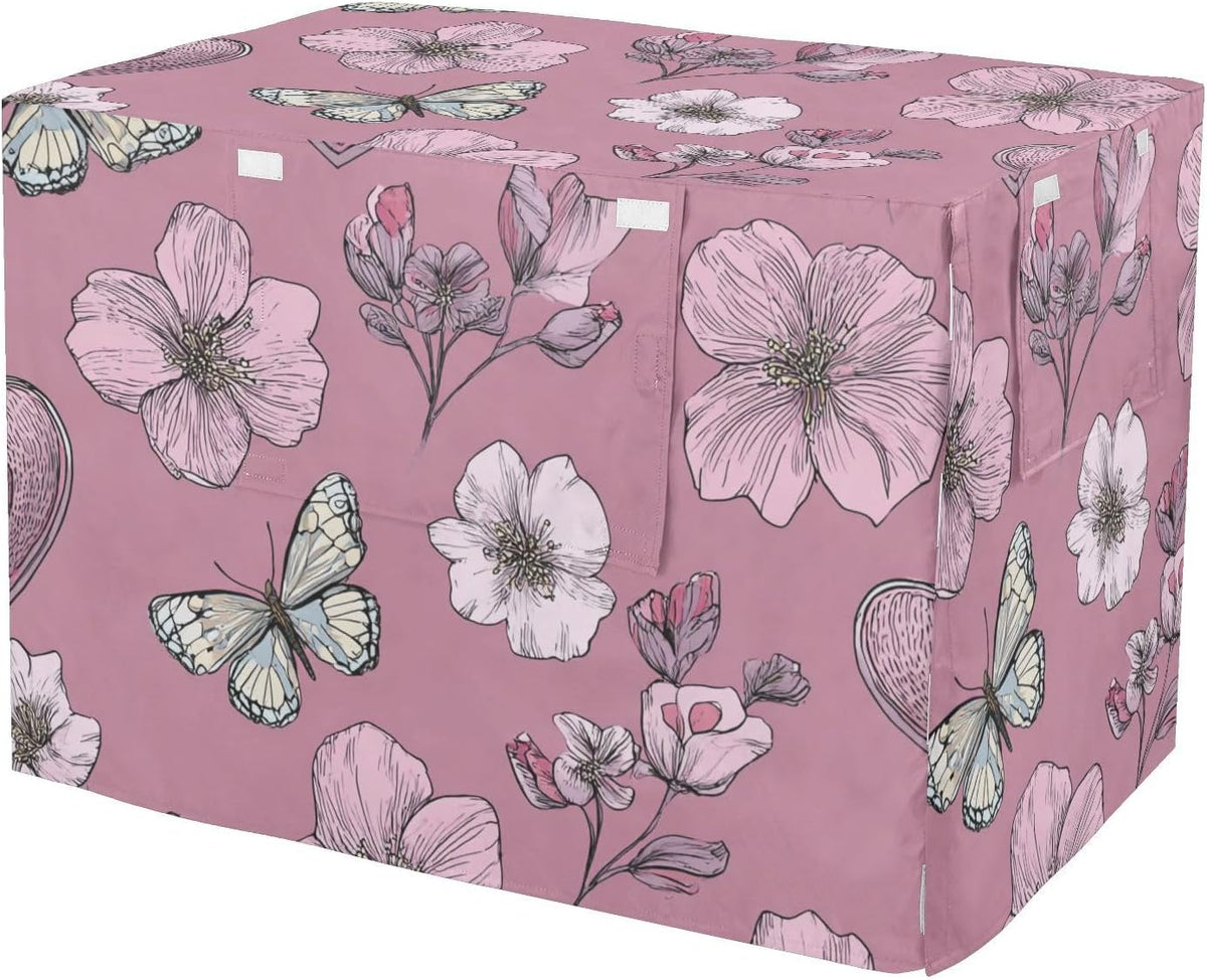 QwThum dog crate cover front view in primrose pink heart flowers pattern on wire cage