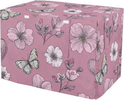 QwThum dog crate cover front view in primrose pink heart flowers pattern on wire cage