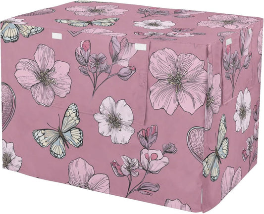 QwThum dog crate cover front view in primrose pink heart flowers pattern on wire cage