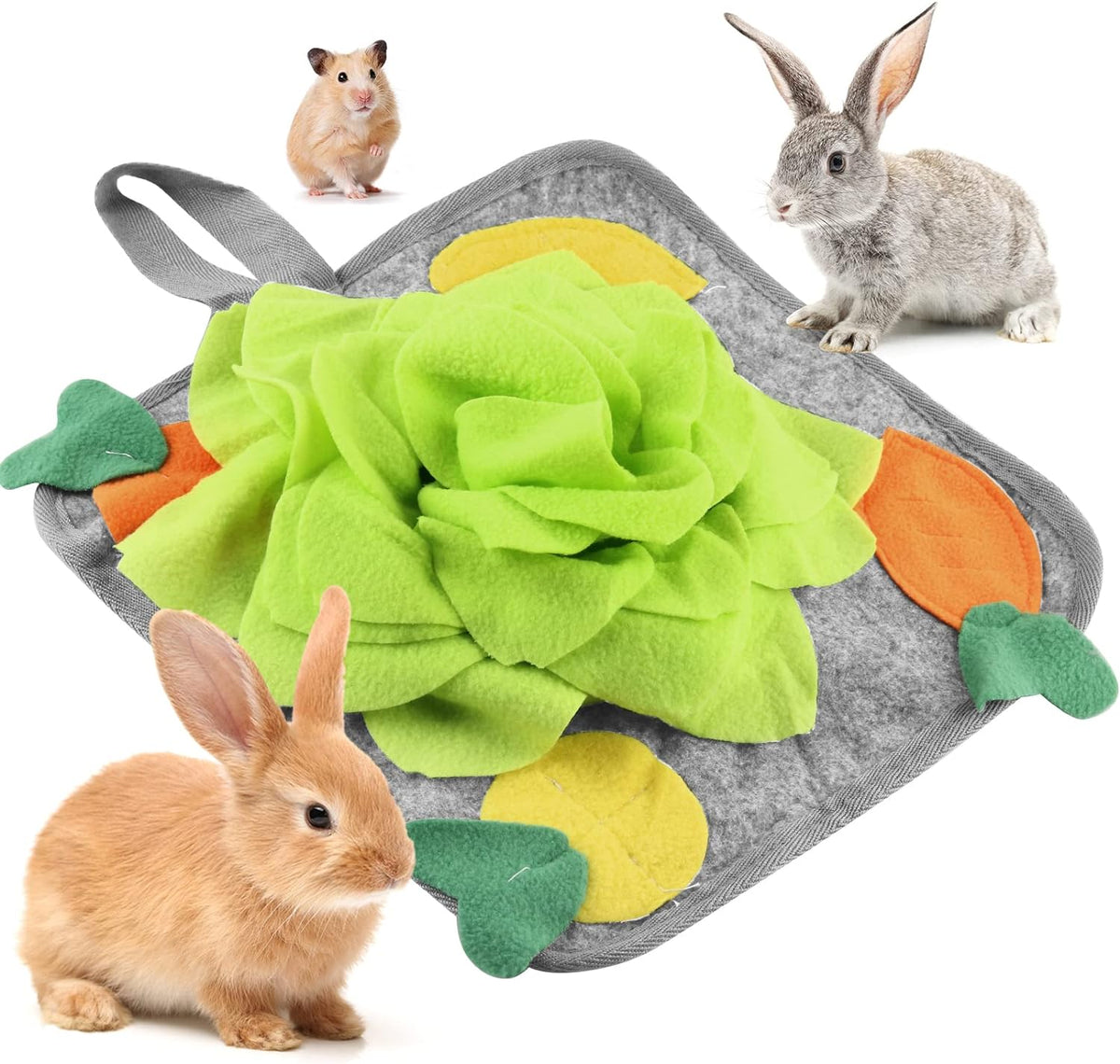 Rabbit Foraging Mat Snuffle Mat for Small Animals Rabbit Toy 11.8"x11.8" Rabbits Snuffle Mat Pets Interactive Feeding Matt Treat Dispenser for Bunny Guinea Pigs Ferrets Chinchillas (Green and Orange) - Image 9