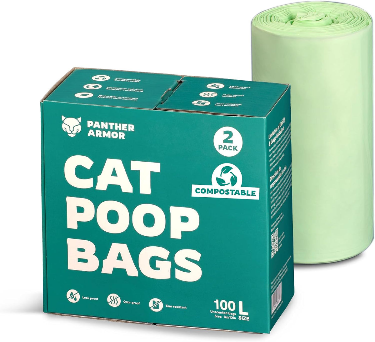 Panther Armor Compostable Cat Litter Bags for Poop - 100x Unscented Pet Waste, 13x9in Leak Proof Kitty Litter Disposal - Odor Proof, Easy Open Dispenser Box of Cat Poop - Image 9