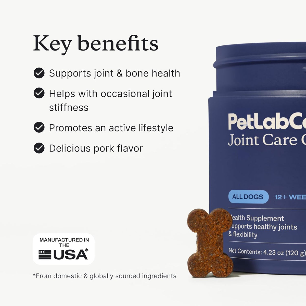 PetLab Co. Joint Care Chews label detailing daily feeding instructions by dog weight
