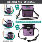 Durable purple 600D polyester pet snack pouch close-up view.