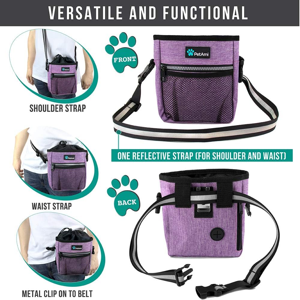 Durable purple 600D polyester pet snack pouch close-up view.