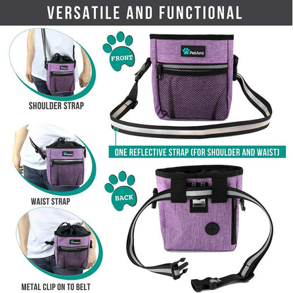 Durable purple 600D polyester pet snack pouch close-up view.