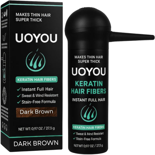 UOYOU FIXXIE Dark Brown Hair Building Fibers front view showing the 27.5 grams bottle and premium packaging.