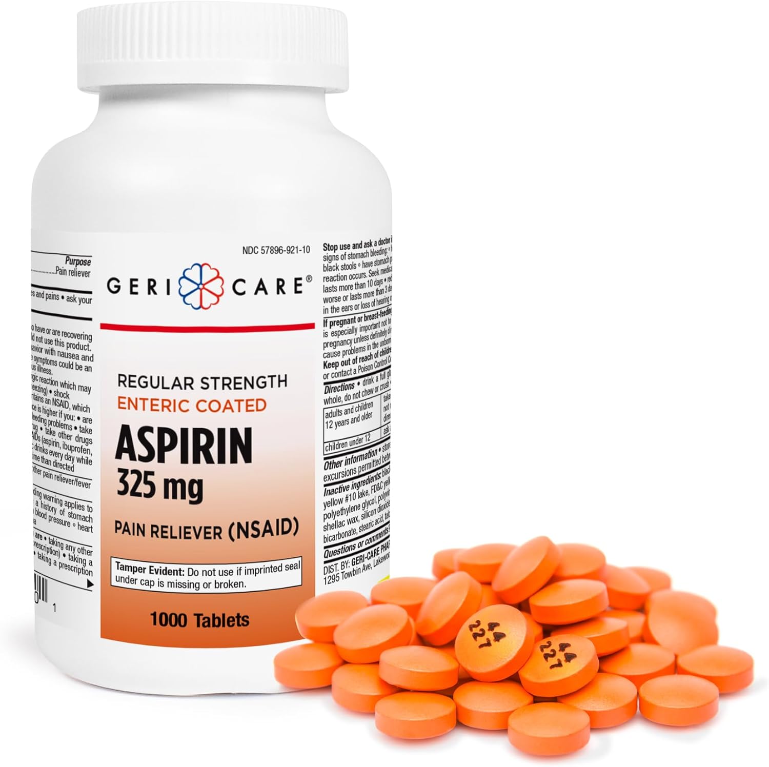 GeriCare Enteric Coated Aspirin 325mg 1000 Tablets front bottle view for daily pain relief