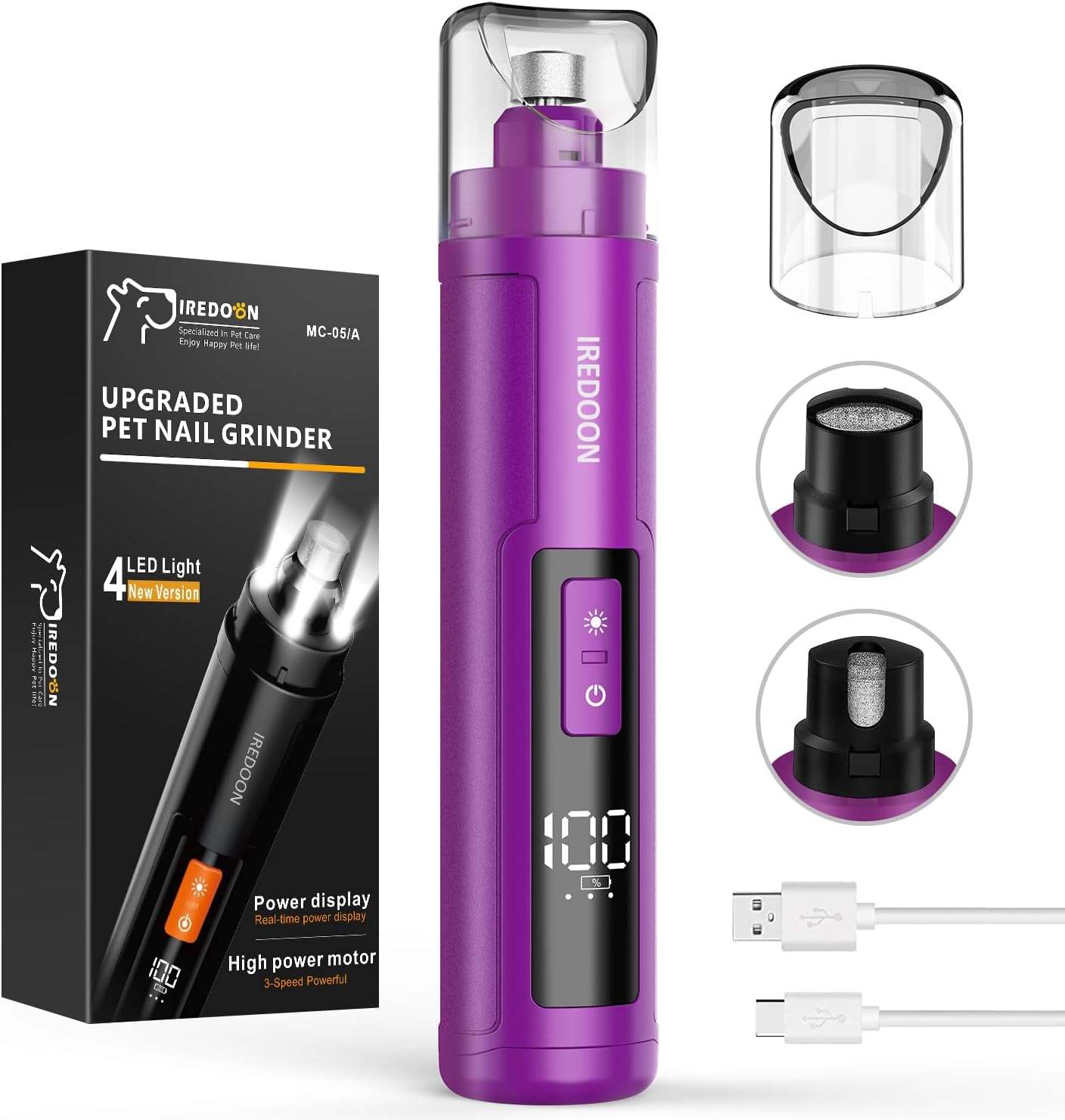 IREDOON Dog Nail Grinder Upgraded - Professional 3-Speed Super Quiet and Low Vibration Electric Pet Nail Grinder with 4 LED Lights - Painless Paws Grooming & Smoothing for Small to Large Dogs (Black) - Image 9