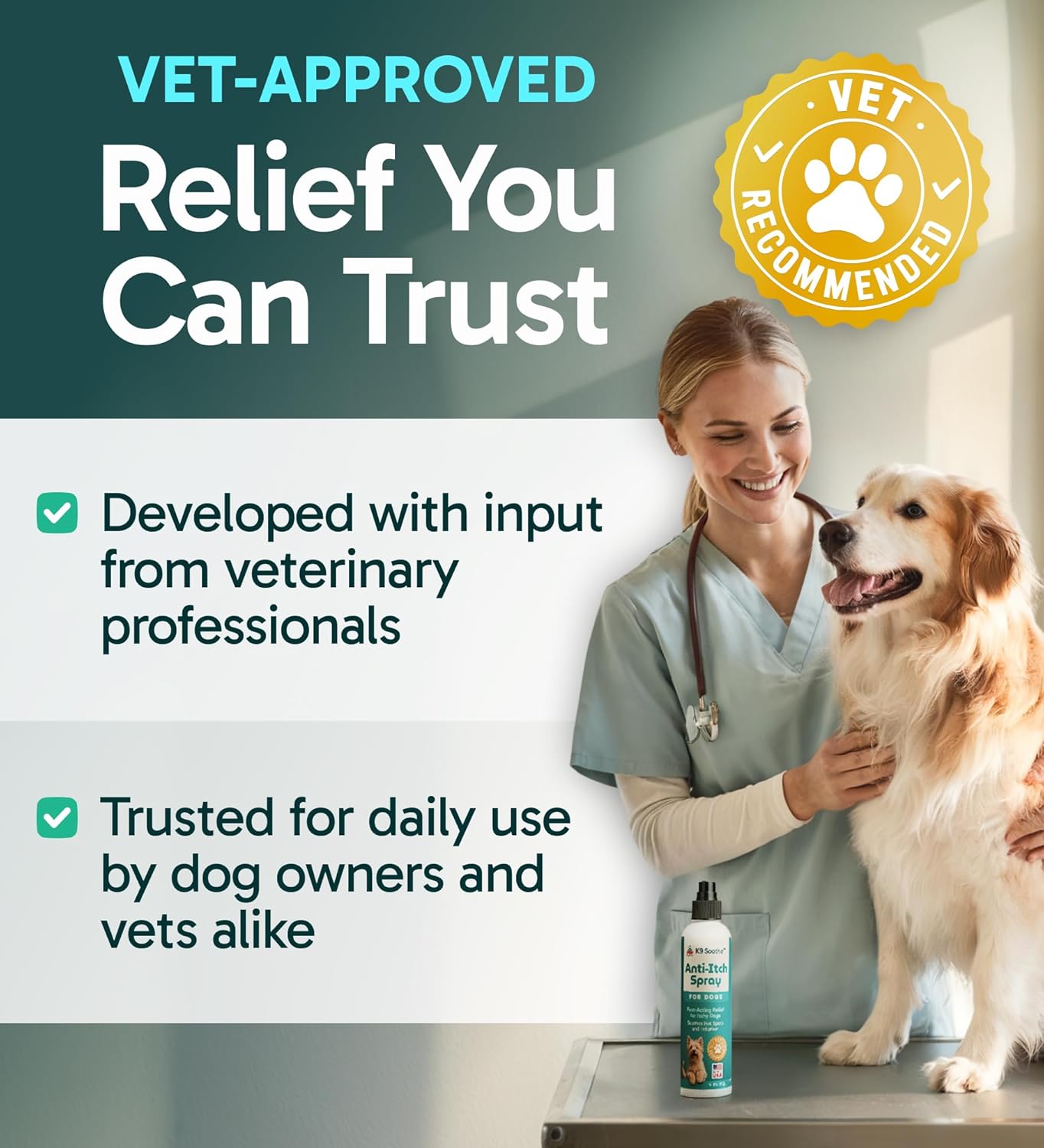 Pup Labs K9 Soothe spray packaging demonstrating application for irritated pet skin