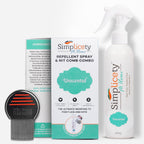 SIMPLICETY Head Lice Treatment Kit front view showing spray bottle and metal comb.