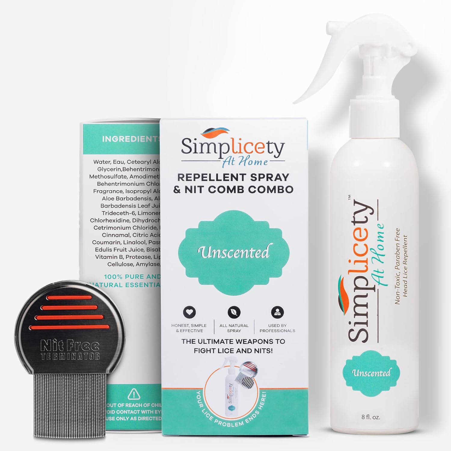 SIMPLICETY Head Lice Treatment Kit front view showing spray bottle and metal comb.