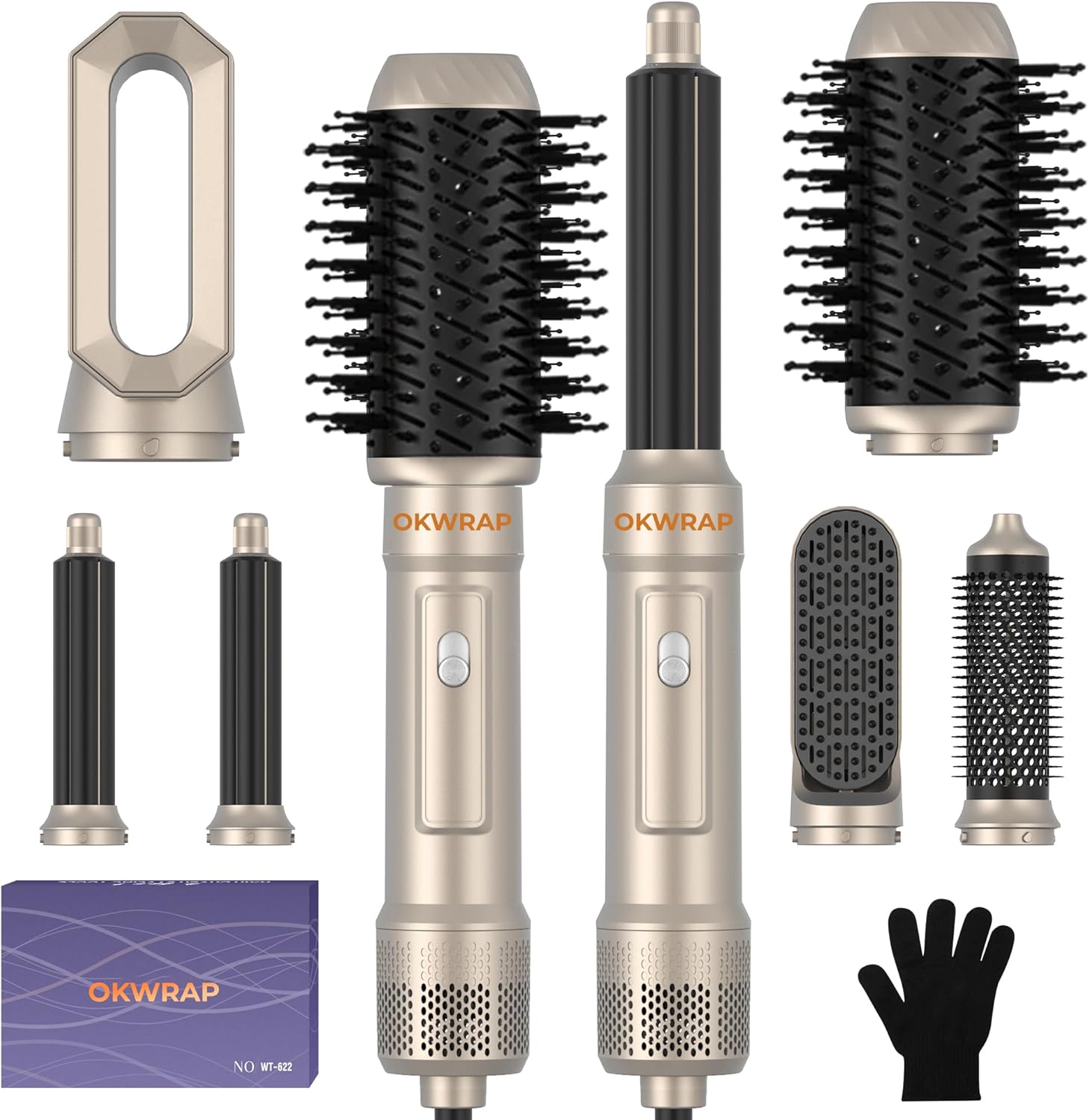 OKWRAP 6 in 1 blow dryer brush front view with all six styling attachments arranged on a clean background.
