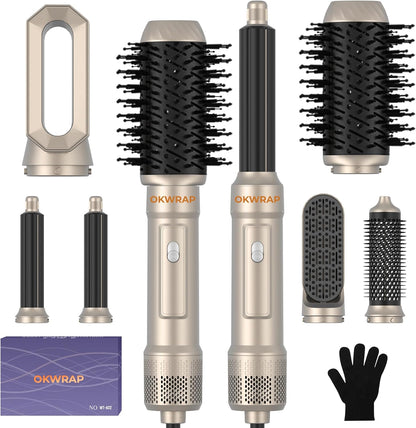 OKWRAP 6 in 1 blow dryer brush front view with all six styling attachments arranged on a clean background.