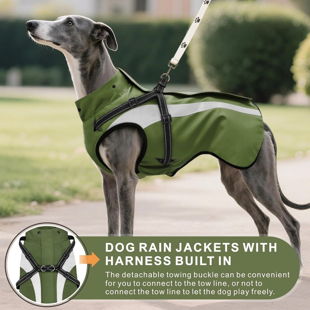 Mosucoirl large dog mackintosh displaying the leash access hole for harness attachment.